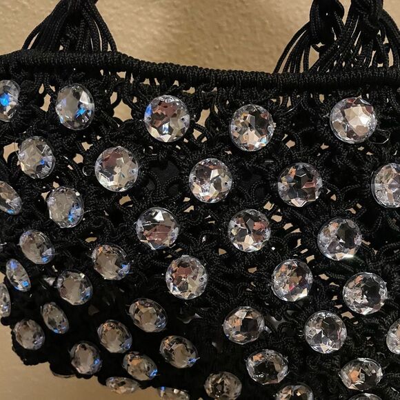 ZARA Black Crocheted Rhinestone Jeweled Evening Purse - Picture 6 of 16
